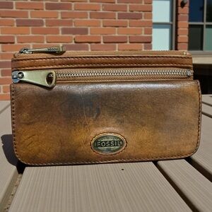 Fossil Explorer Flap Leather Clutch Wallet Brown Zip Pocket